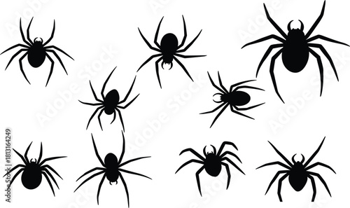 Black spider silhouettes collection, isolated arachnid icons, creepy insect shapes, Halloween decoration design, scary bug symbols, horror theme illustration set