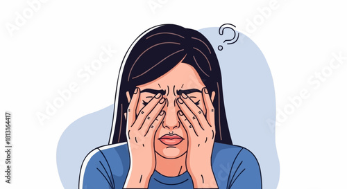 Woman Covering Eyes With Hands Feeling Stressed And Confused.