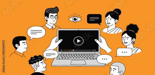Online Video Viewing Group of People Surrounding a Laptop with Play Button and Speech Bubbles