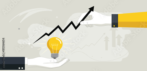 Dynamic illustration showing the successful transformation of a brilliant idea into exponential business growth, representing innovation, strategy, market development and financial achievement