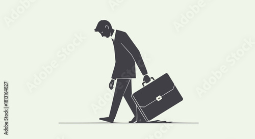 Depressed businessman walking with heavy briefcase feeling defeated.