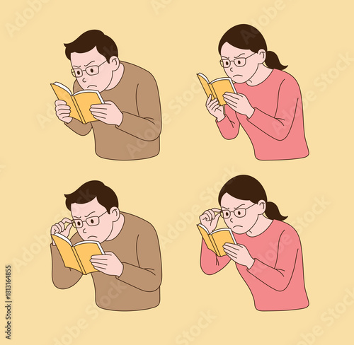 A person who reads a book closely because he can't see well. Minimal line illustration style.