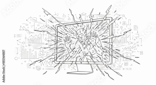 Person trapped inside computer screen screaming in distress.