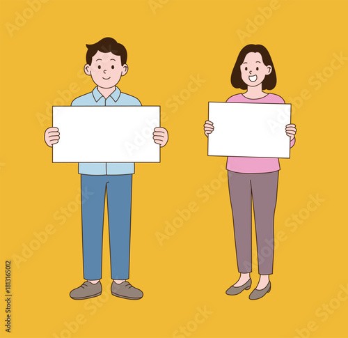 A couple holding up a sign panel and pointing. Minimal line illustration style.