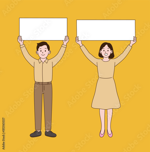 A couple holding up a sign panel and pointing. Minimal line illustration style.