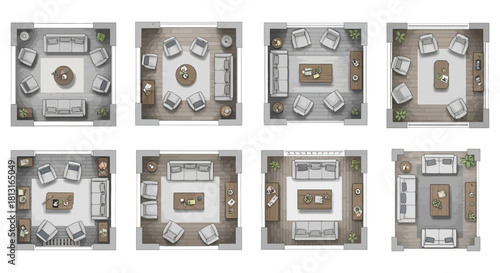 top view floor plans displaying modern living room furniture arrangements for interior design home staging and architectural layouts