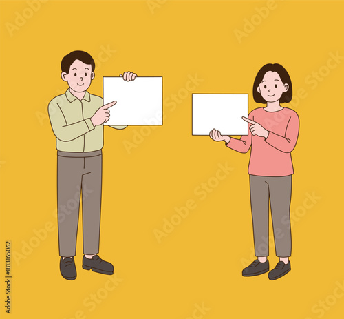 A couple holding up a sign panel and pointing. Minimal line illustration style.