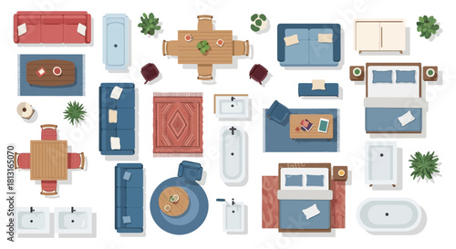 top view of modern residential furniture and bathroom fixtures perfect for architectural floor plans interior design layouts.