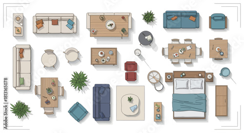 top-down plan view furniture collection modern household items sofas tables chairs beds plants for architectural floor plans interior design.