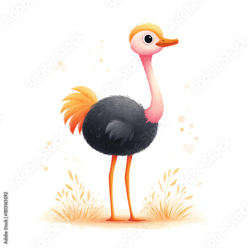 Cute Cartoon Ostrich Illustration, Friendly Animal Character Art