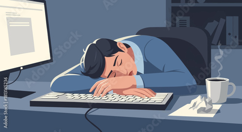 Man sleeping at his desk in front of a computer screen.