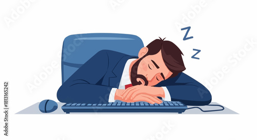 Tired Businessman Sleeping at Desk with Keyboard and Mouse.