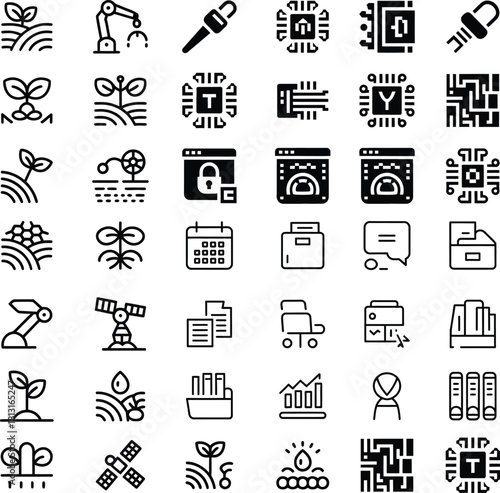 Agriculture Technology and Data Management Icon Set Keywords: agriculture, technology, data, management, farming, robot, drone, plant, growth