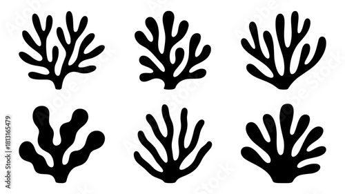 Six black coral silhouettes isolated on white background