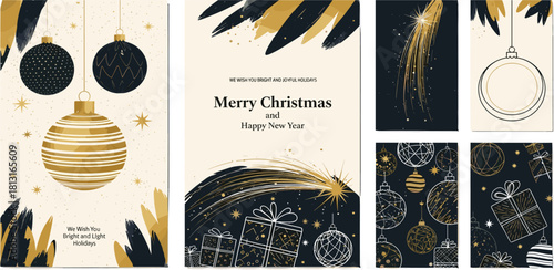 Festive Holiday Cards Elegant Christmas & New Year Designs with Ornaments, Stars, and Gifts
