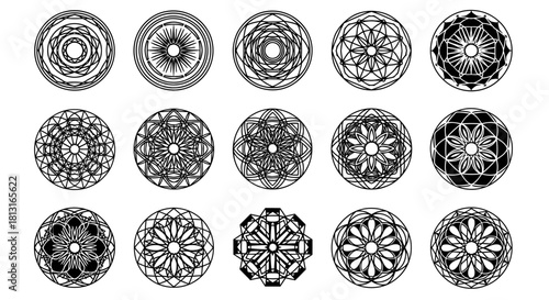 Collection of intricate geometric mandala designs and sacred geometry patterns offering elegant decorative elements and spiritual inspiration for creative projects