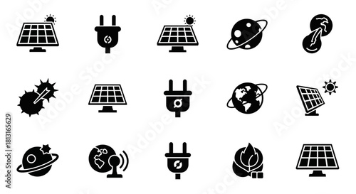 Dynamic icons represent clean energy solutions, solar power, and global sustainability initiatives for modern eco-conscious projects