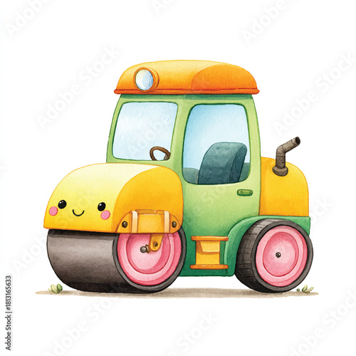 Cute Cartoon Road Roller Watercolor Illustration for Kids