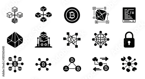 Dynamic digital icons representing blockchain technology cryptocurrency networks and secure data systems perfect for tech innovation and finance presentations
