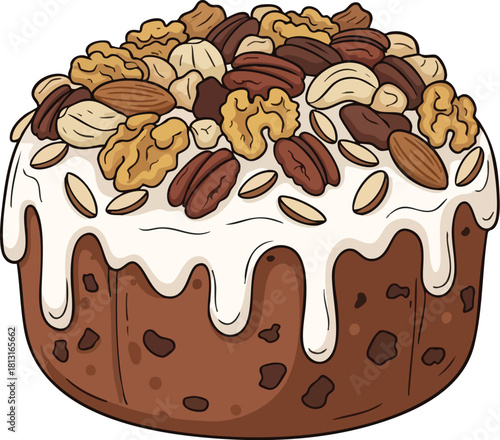 Illustration of a traditional Christmas pudding with white icing and mixed nuts on top against a clean white background.
