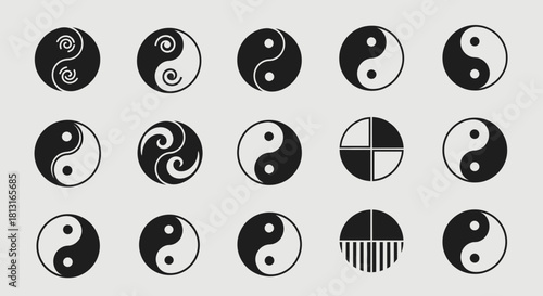 Harmonious Yin Yang symbols and abstract geometric circle designs representing balance, duality, and peaceful coexistence