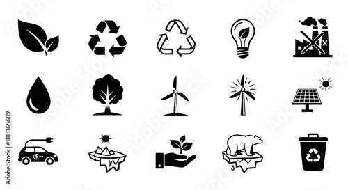 Dynamic collection of eco friendly icons representing sustainability, renewable energy, and conservation efforts for a greener future.