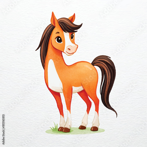 Cute Cartoon Horse Watercolor Illustration
