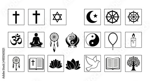 Diverse spiritual and cultural symbols representing faith, mindfulness, and peace beautifully presented for global understanding and connection