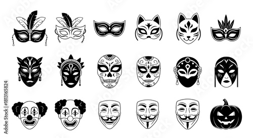 Captivating collection of diverse masks including Venetian, tribal, skull, clown, Guy Fawkes, and Halloween designs for festive celebrations