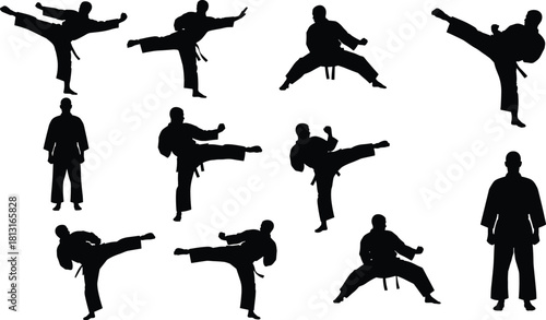 Karate Fighter Black Silhouette Set, Dynamic Collection of Martial Arts Athletes in Various High Kick and Fighting Poses Vector Illustration Content, Isolated on White Background.