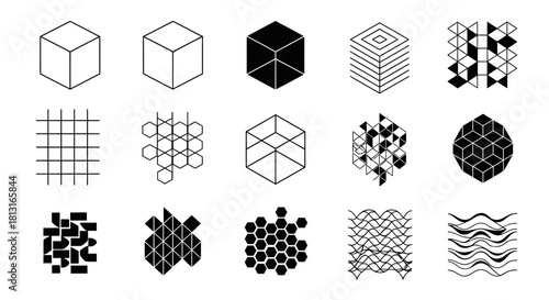 Dynamic geometric patterns and abstract cube designs offer modern visual elements for creative projects and branding applications
