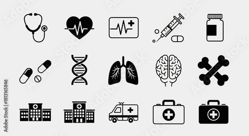Comprehensive medical icons set featuring stethoscope heart pulse syringe DNA lungs brain bones hospitals ambulance and first aid kits for healthcare innovation