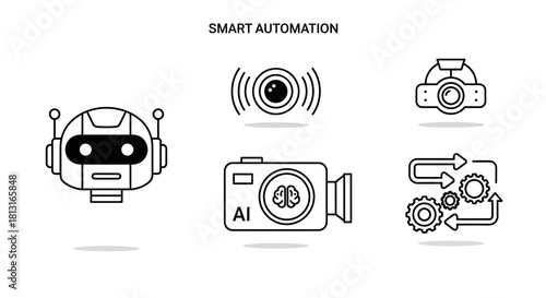 Explore modern smart automation concepts with futuristic AI robot head, camera, sensor, and gears icons for technology innovation
