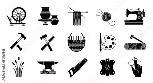 Discover diverse craft icons representing art, textile, pottery, woodworking, and metalworking for creative projects