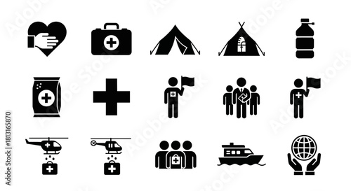 Essential humanitarian aid icons depicting medical support, relief efforts, and global assistance for urgent crises and community care