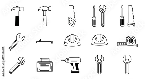 Essential tools for construction and repair, including hammers, wrenches, saws, hard hats, and drills, perfect for DIY projects and professional trades.