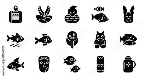 Collection of charming and whimsical icons representing animals, food, and abstract concepts, perfect for playful designs and creative projects