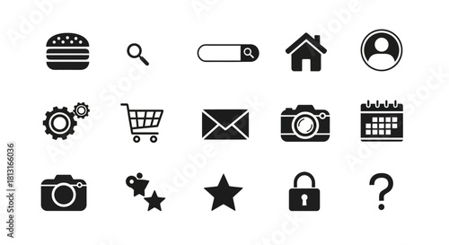 Modern essential icons for web design and applications, featuring food, search, home, profile, gears, shopping, mail, camera, calendar, stars, lock, and question mark for digital interfaces.