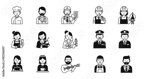 Diverse collection of professional icons representing various careers and occupations, perfect for modern business presentations and educational materials.