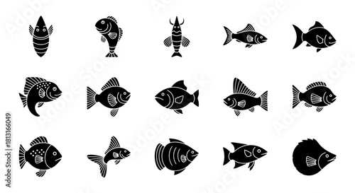 Diverse collection of stylized black fish icons and aquatic creatures perfect for marine life projects and ocean themes