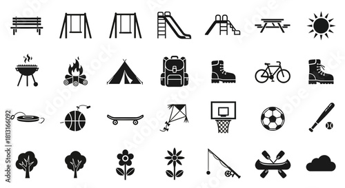 Vibrant collection of outdoor recreation and park icons perfect for summer adventures, family fun, and active lifestyles