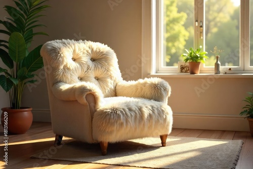 A fluffy, plush armchair bathed in warm sunlight, inviting relaxation and comfort Perfect for cozying up with a good book or simply unwinding after a long day , inviting, living room