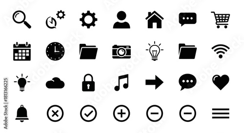 Modern icon set featuring essential symbols for digital interfaces, apps, and websites offering clean, versatile design elements for any project