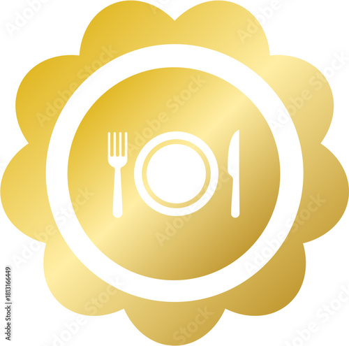 Shiny gold plate cutlery dinner dish icon for restaurant menu