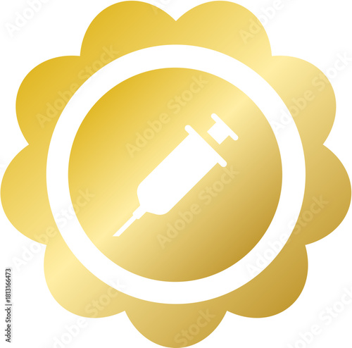 Golden wavy syringe vaccine injection icon for medical clinic