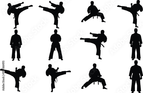 Karate or Taekwondo Fighter Black Silhouette Set, Dynamic Collection of Martial Arts Athletes in High Kick, Defensive, and Standing Poses Vector Illustration Content, Isolated on White.