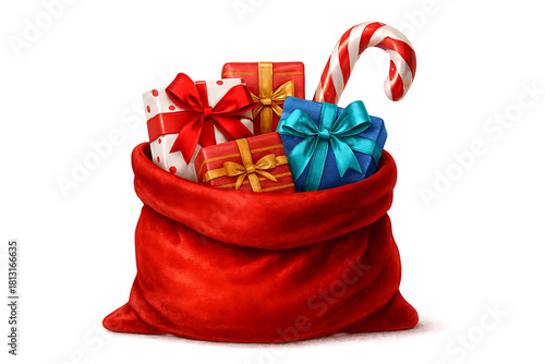 Santa s red sack overflowing with wrapped christmas presents and candy cane