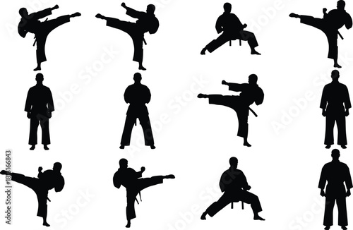 Karate or Taekwondo Fighter Black Silhouette Set, Dynamic Collection of Martial Arts Athletes in Various High Kick, Training, and Standing Poses Vector Illustration Content, Isolated on White.