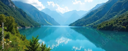 Serene blue waters of a pristine lake nestled amidst lush green mountains, reflecting the clear sky Perfect for travel, nature, and environmental themes , ecology, peaceful