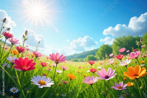Vibrant wildflowers bloom in a lush meadow under a clear blue spring sky Sunlight filters through the blossoms, creating a magical atmosphere of renewal and growth , blue sky, landscape
